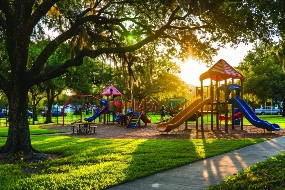 Children's play equipment under mature trees at sunset