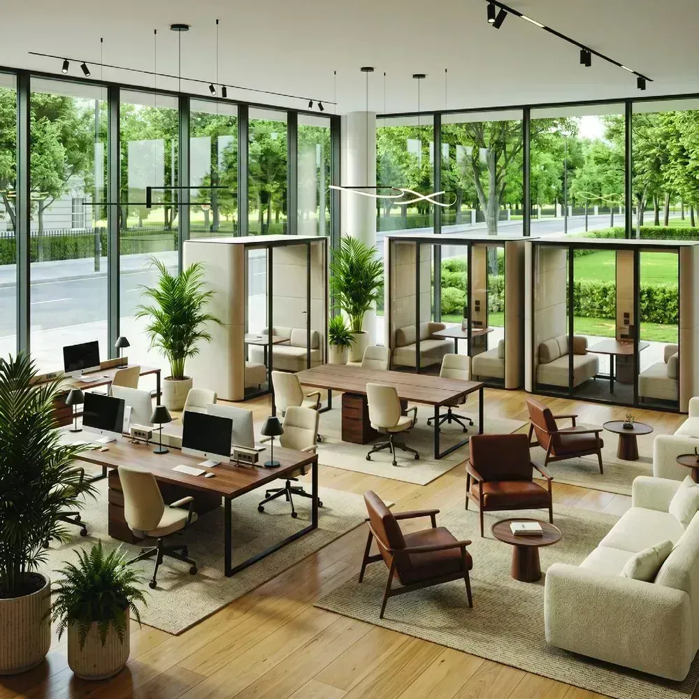 Co-working lounge with shared desks facing floor-to-ceiling glass