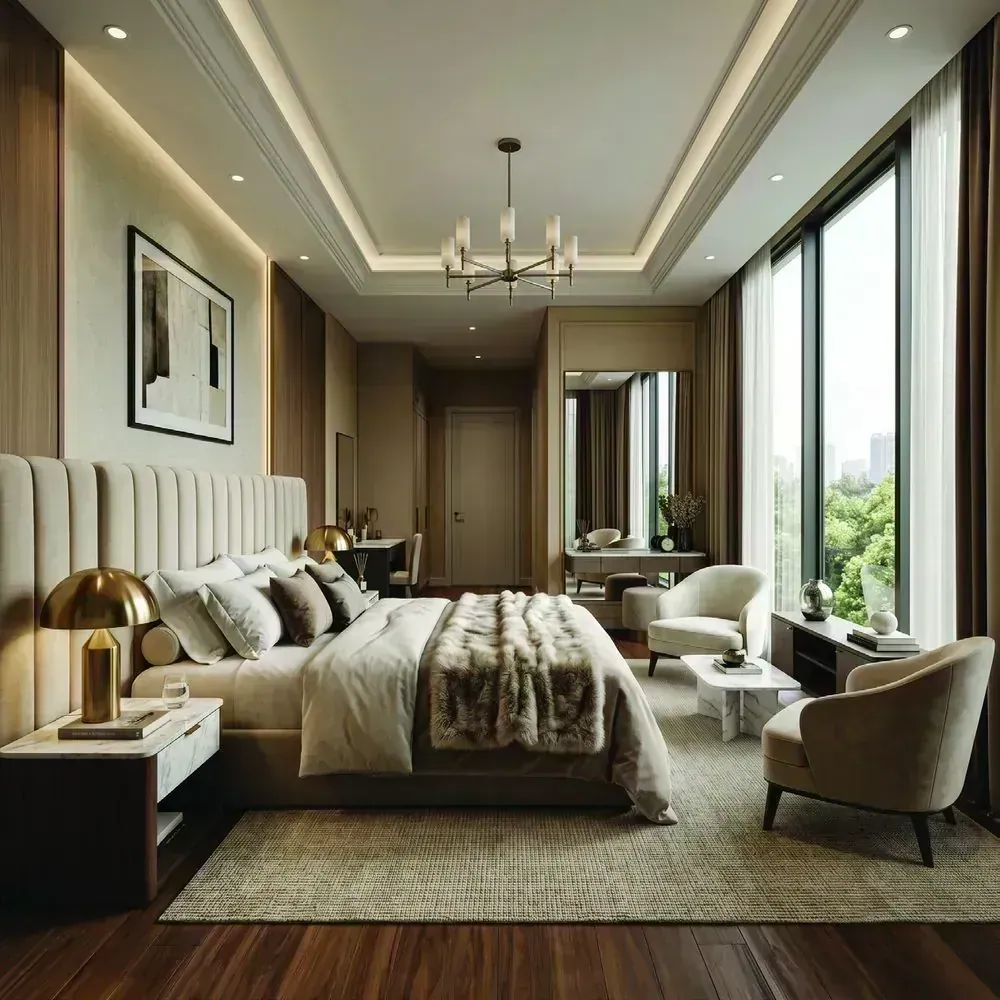 Guest suite with a upholstered bed and a corner window