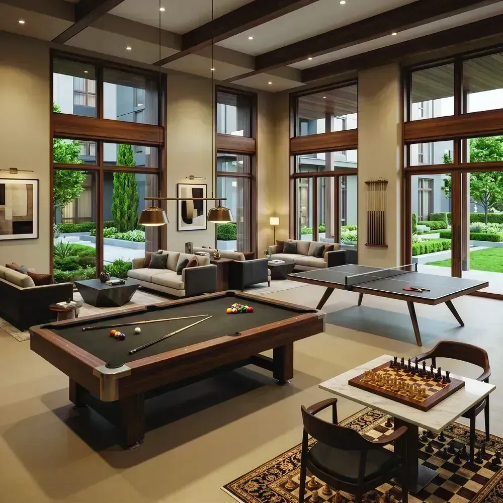 Indoor games room with a pool table beneath tall garden-facing windows