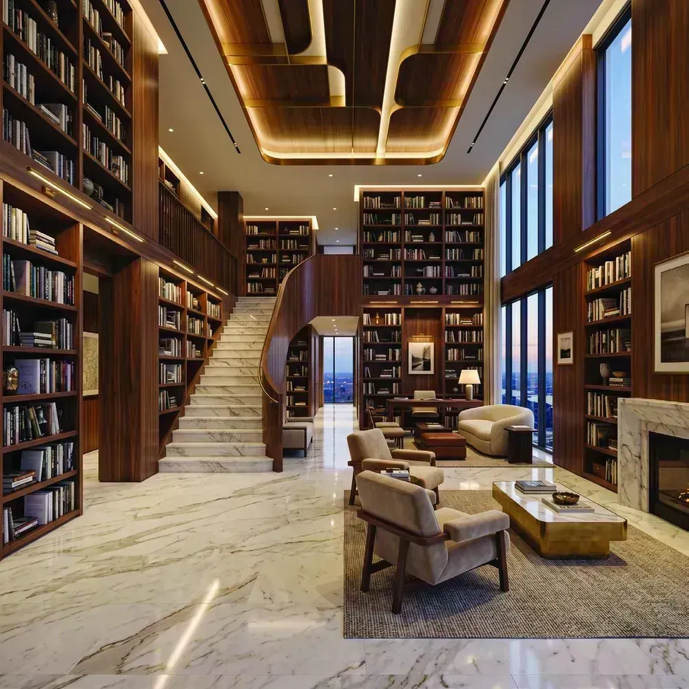 Double-height library with full-height bookshelves and reading chairs