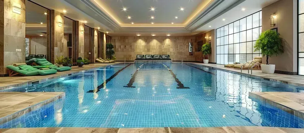 Indoor lap pool lit by a wall of clerestory windows