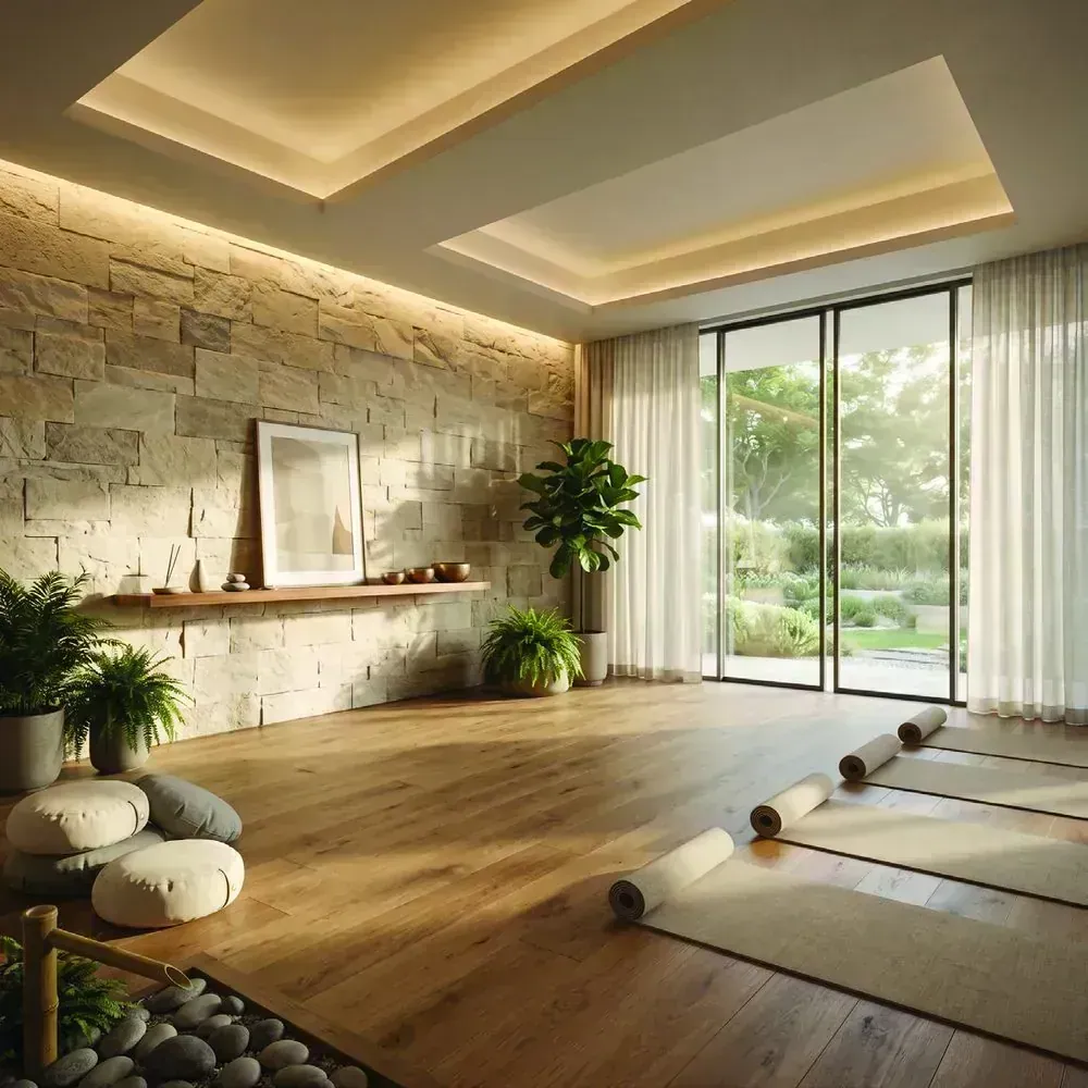 Yoga and meditation room with a timber floor and stone feature wall