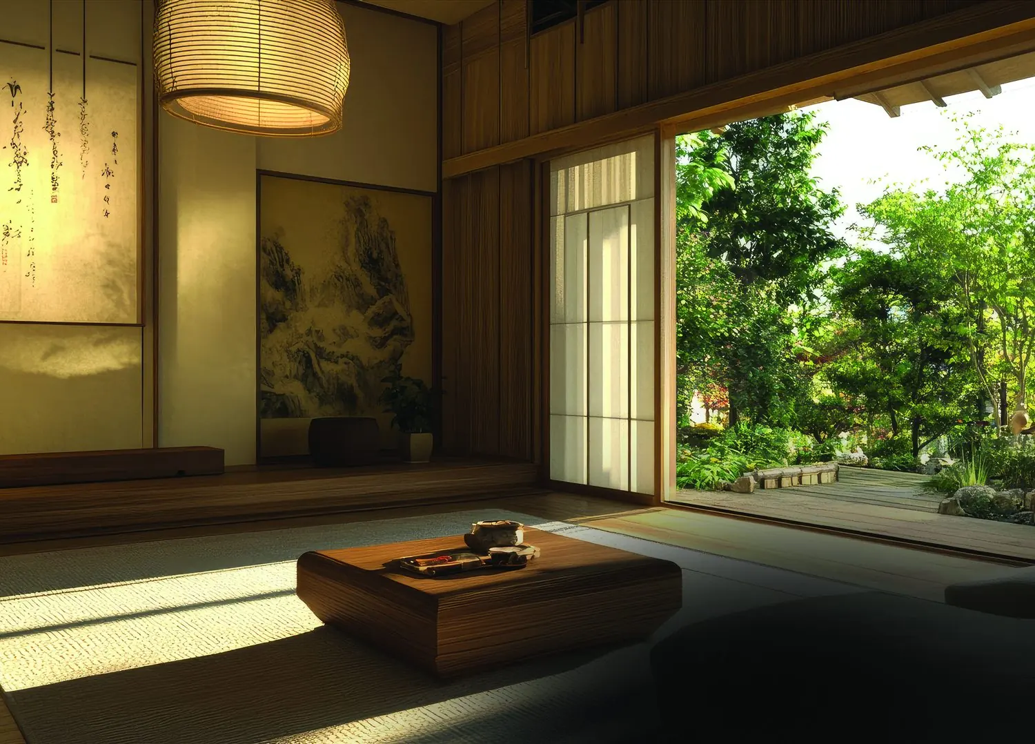 Timber-lined room with sliding screens open to the garden for cross ventilation