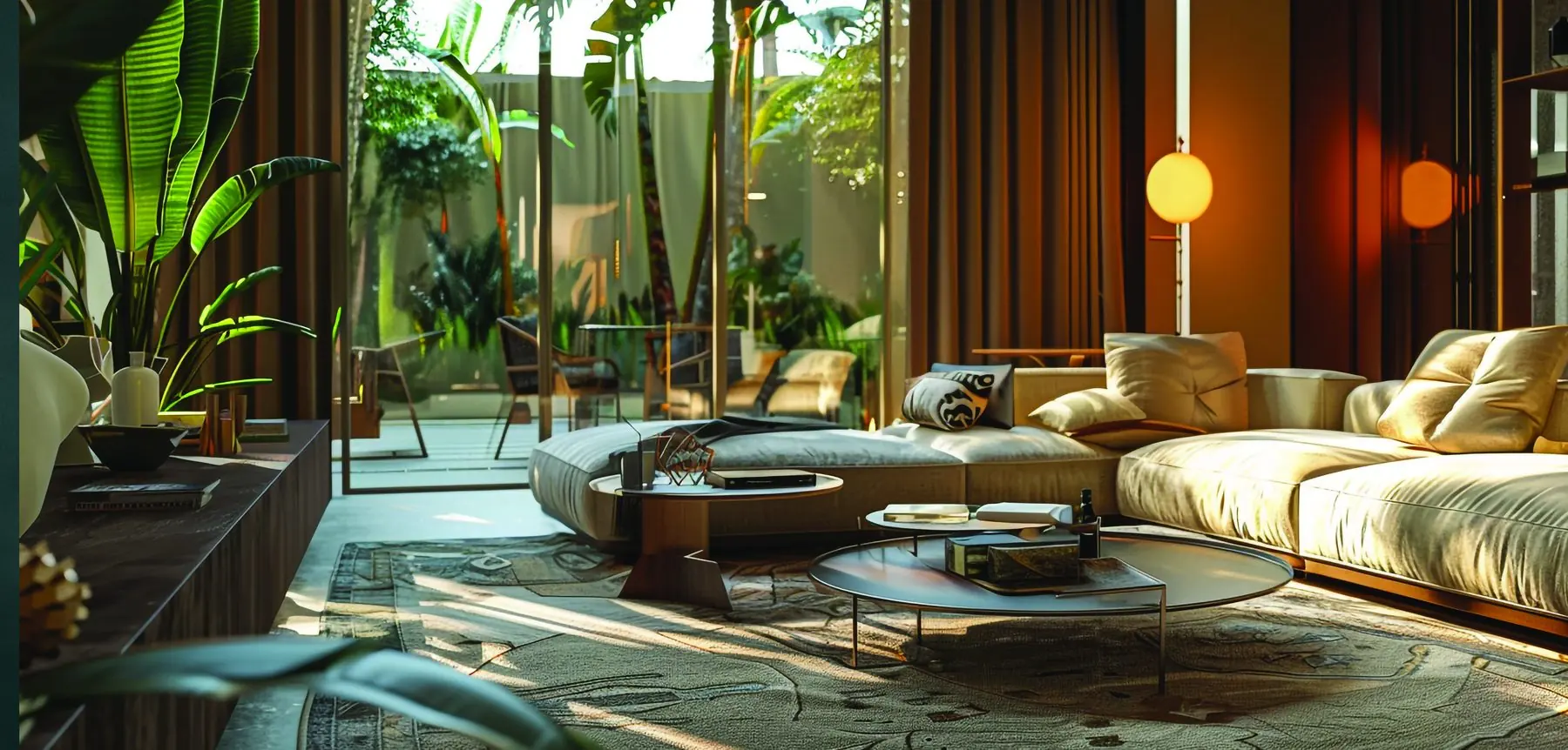 Living room with a curved sectional sofa opening onto a planted courtyard