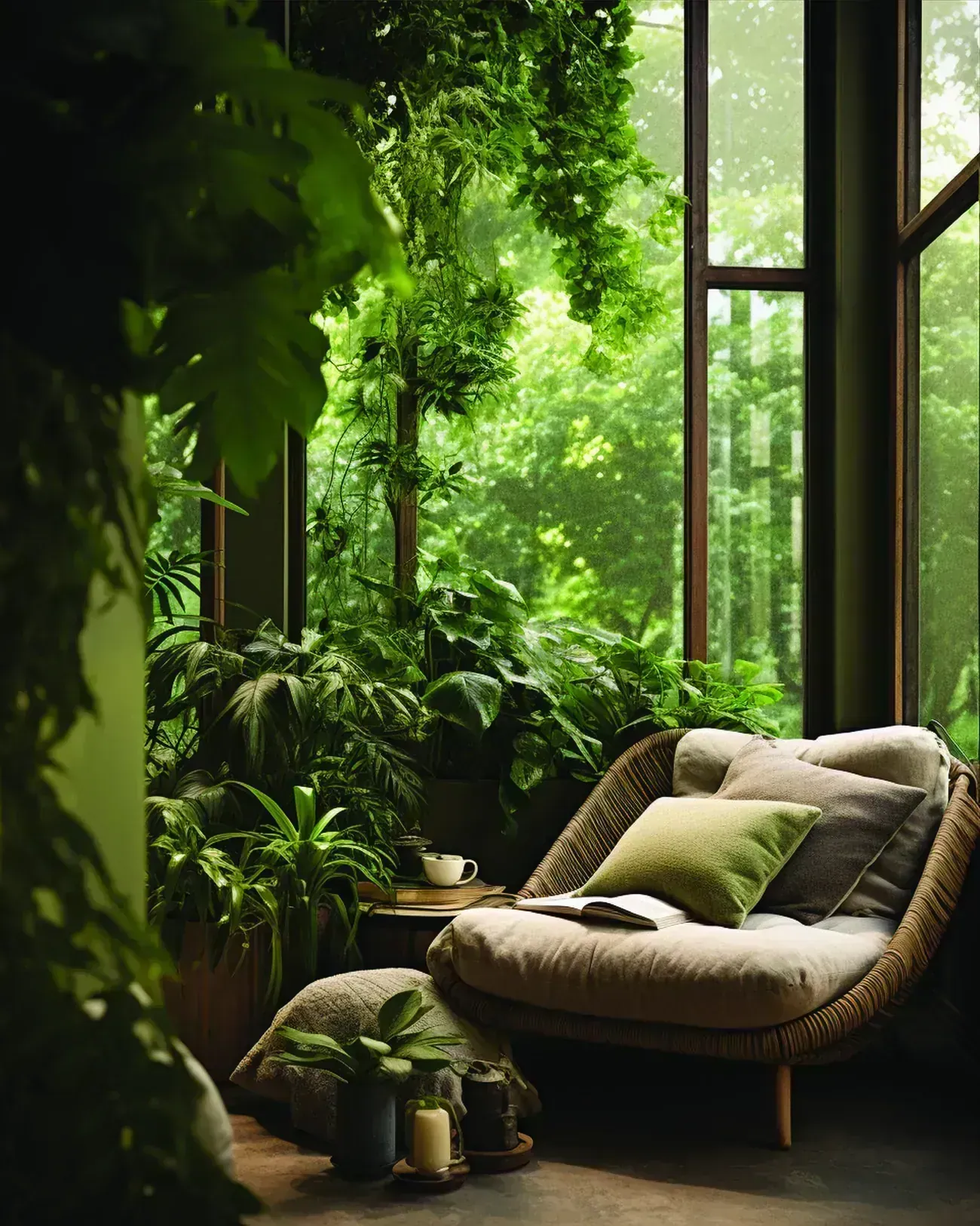 HPR Shades of Green villa garden reading nook with full-height window and lush foliage in North Bangalore