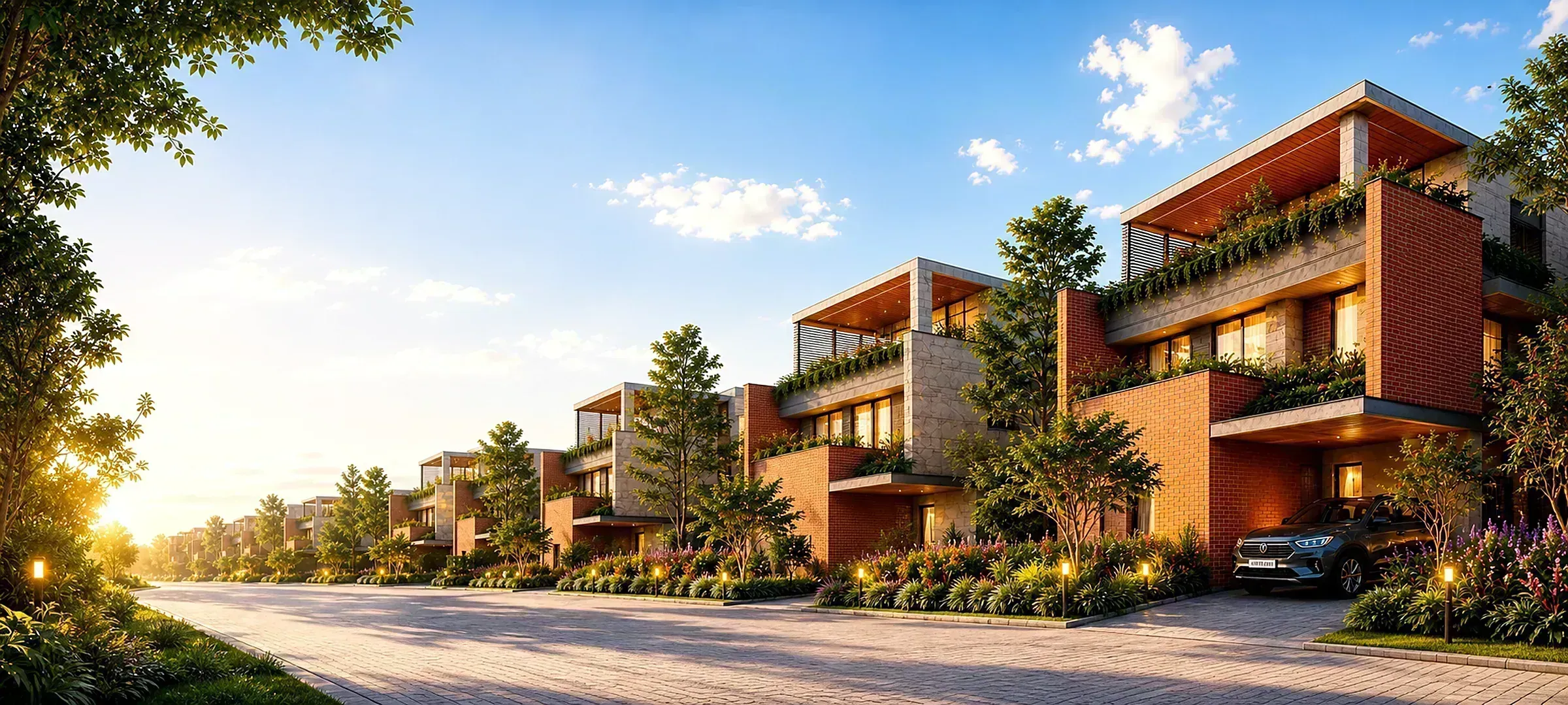 Tree-lined internal avenue with brick-and-stone luxury villas at HPR Shades of Green on Kannuru Road