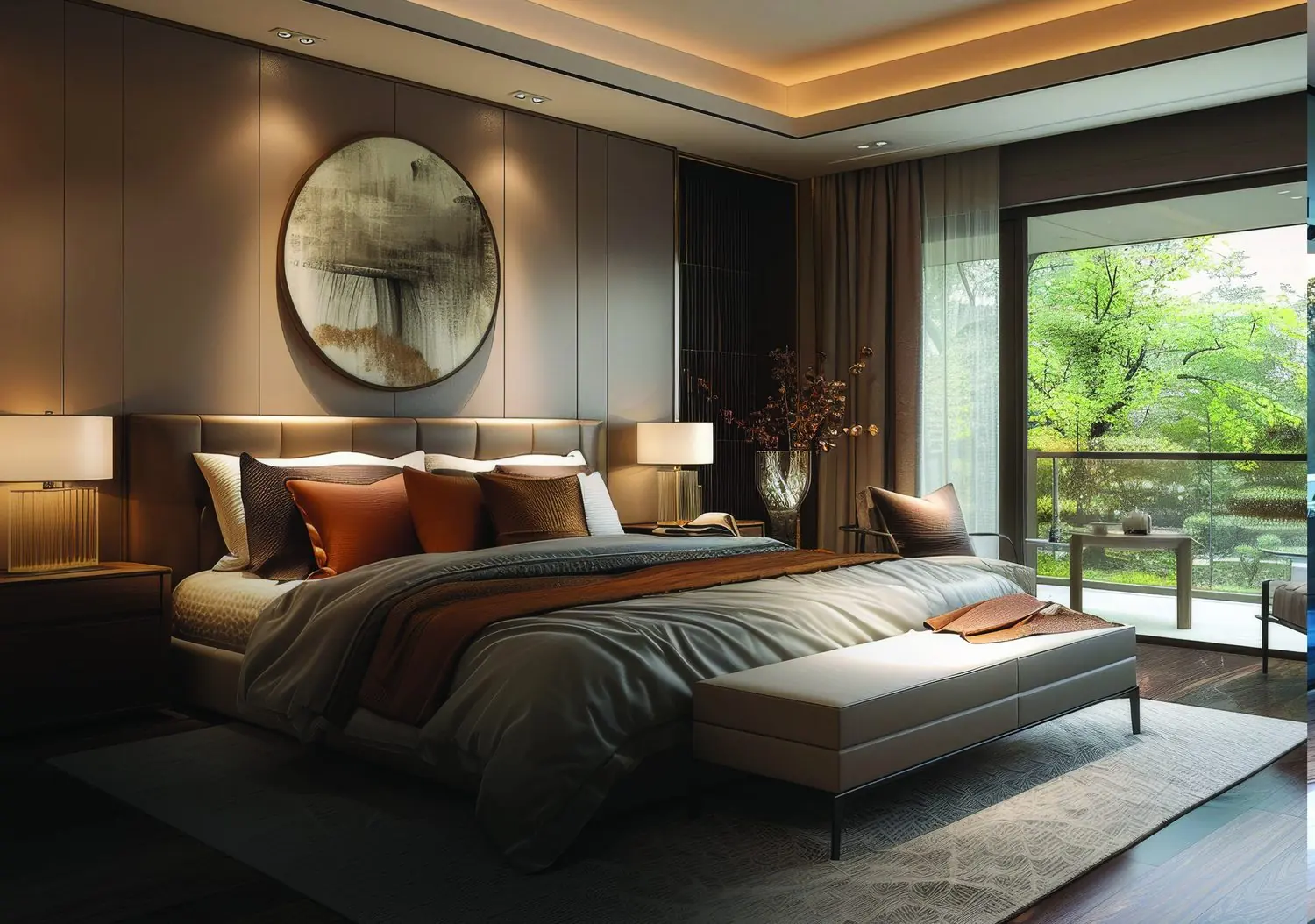 Master bedroom with a panelled headboard wall and a balcony overlooking trees