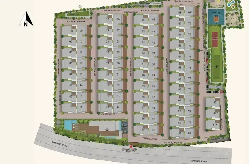 HPR Shades of Green 4.25-acre master plan layout showing 83 triplex villas and central clubhouse on Kannuru Road