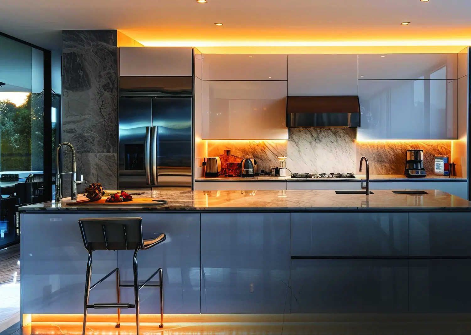 Kitchen with a stone-topped island, integrated appliances and warm cove lighting